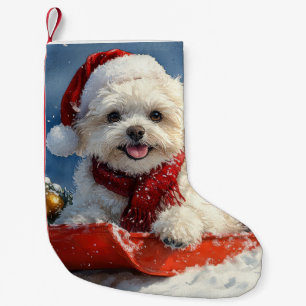 Meia De Natal Pequena Bichon Frise Dog Sledge Deixe-o nevar no Natal