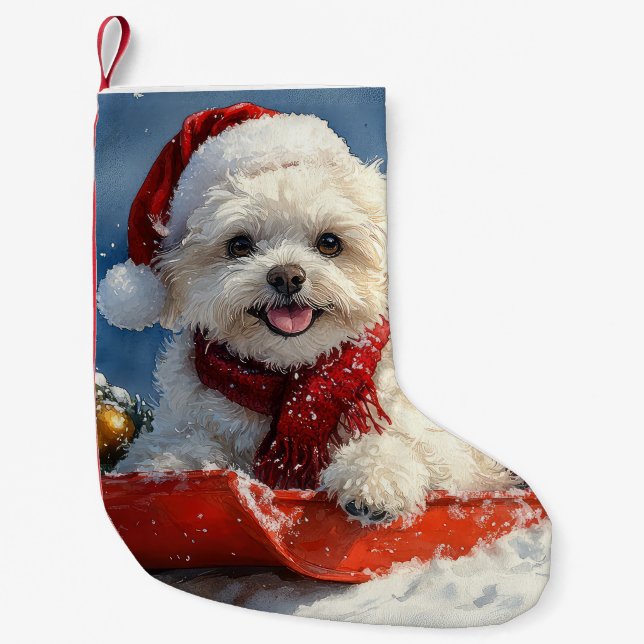 Meia De Natal Pequena Bichon Frise Dog Sledge Deixe-o nevar no Natal (Frente)