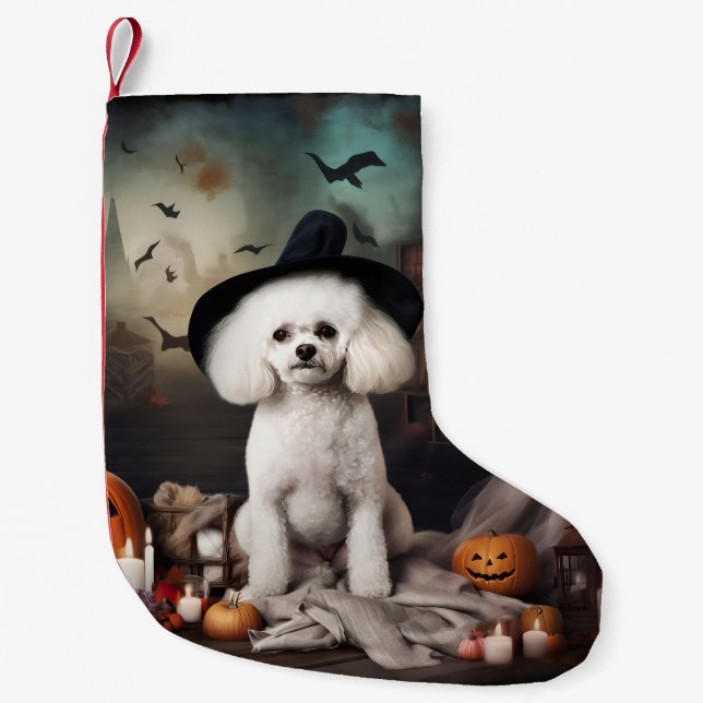 Meia De Natal Pequena Bichon Frise Pumpkins Halloween Scary (Frente)