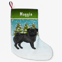 Black Pug Cute Cartoon Dog Snowy Winter Forest