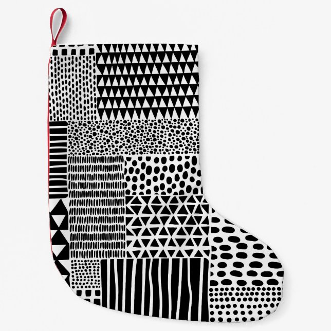 Meia De Natal Pequena Black White Doodle: Etnia sem costura (Frente)