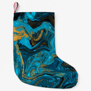 Meia De Natal Pequena Blue and gold marbling pattern. Golden marble liqu