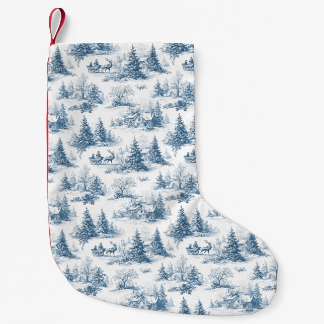 Meia De Natal Pequena Blue Toile Christmas Pattern  (Frente)