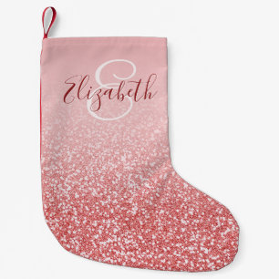 Meia De Natal Pequena Blush Ombre Monograma Brilho Dourado Rosa