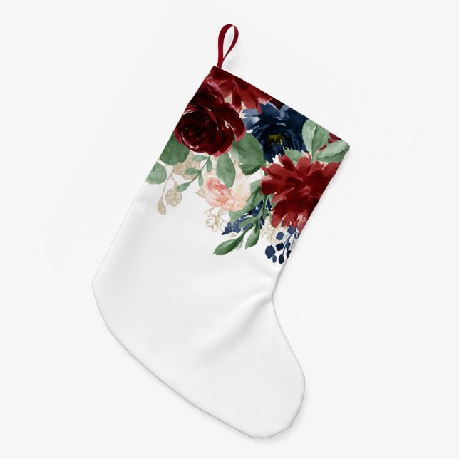 Meia De Natal Pequena Boho Bloom | Borgonha e Marinho - Padrão Azul (Frente (Pendurada))