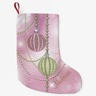 Meia De Natal Pequena Bolas brandamente cor-de-rosa & verdes do