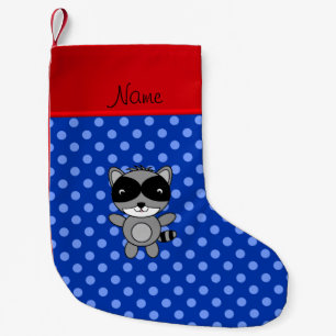 Meia De Natal Pequena Bolinhas azuis raccoon de nome personalizado