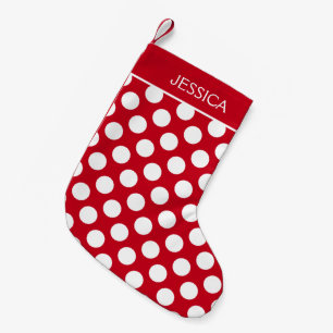 Meia De Natal Pequena Bolinhas brancas sobre fundo vermelho