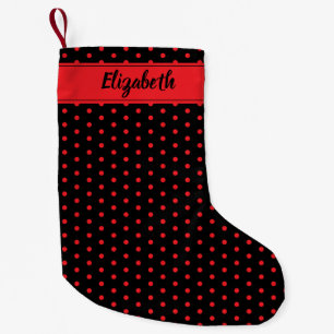 Meia De Natal Pequena Bolinhas Negras e Vermelhas Negras Personalizadas