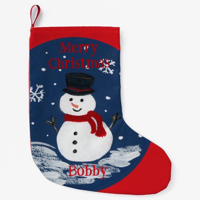 Meia De Natal Pequena Boneco de Neve Pintado à Mão PERSONALIZAR (Frente)