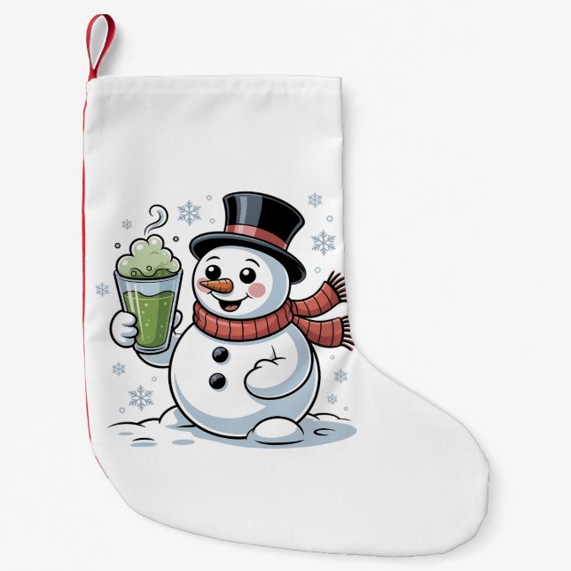 Meia De Natal Pequena Boneco de Neve Segurando Bebida de Matcha Natal  (Frente)