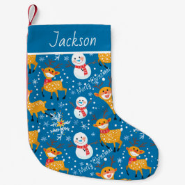 Meia De Natal Pequena Bonita Reindeer e Azul Neve