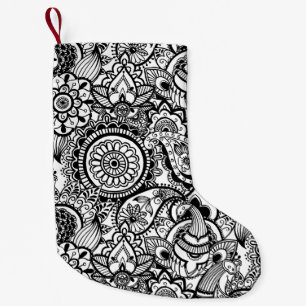 Meia De Natal Pequena Bonito floral paisley preto branco
