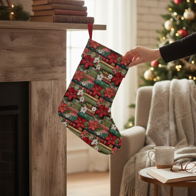 Meia De Natal Pequena Book Lover Red Winter Floral Christmas (Criador carregado)