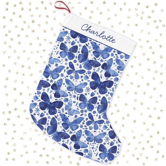 Meia De Natal Pequena Borboleta Aquarela Azul (Personalized script name pretty blue and white watercolor Christmas stocking)