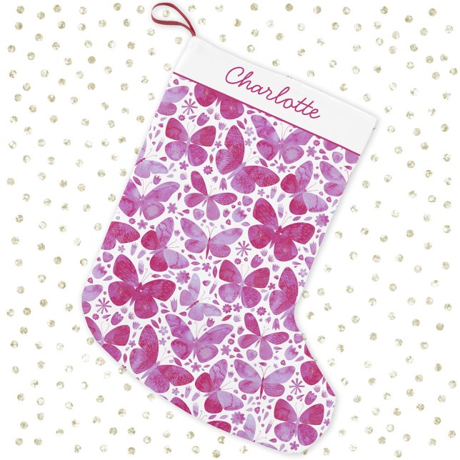 Meia De Natal Pequena Borboleta Aquarela Rosa (Personalized script name pretty hot pink and white watercolor Christmas stocking)