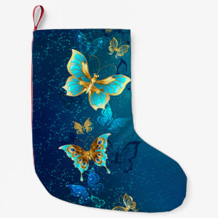 Meia De Natal Pequena Borboletas de Ouro em um fundo azul