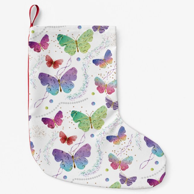 Meia De Natal Pequena Borboletas Roxas e Azuis Brilhantes (Frente)