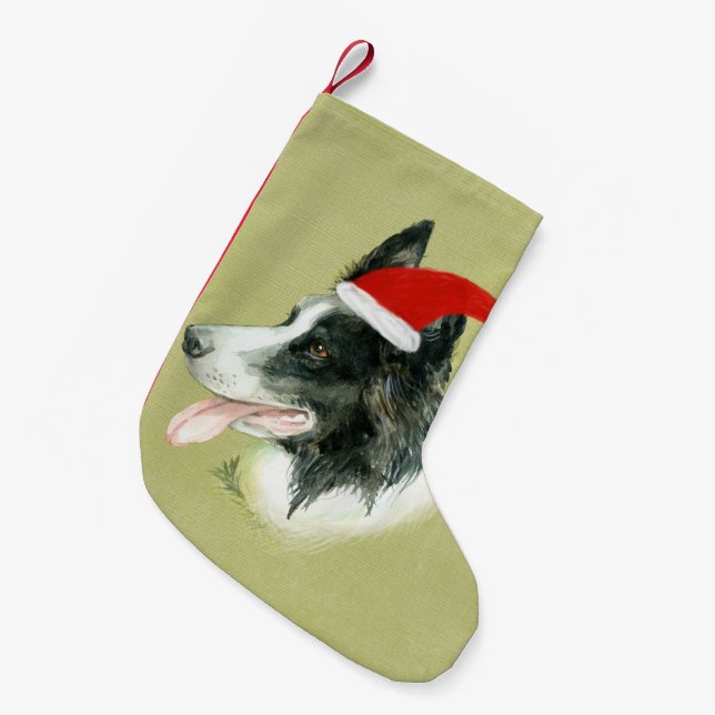 Meia De Natal Pequena Borda Cachorro Collie com Papai Noel de Natal (Frente (Pendurada))