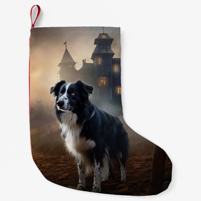 Meia De Natal Pequena Border Collie Halloween Scary (Frente)
