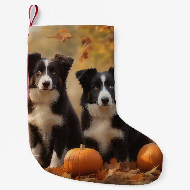 Meia De Natal Pequena Bordo Collie Puppy Autumn Delight Pumpkin (Frente)