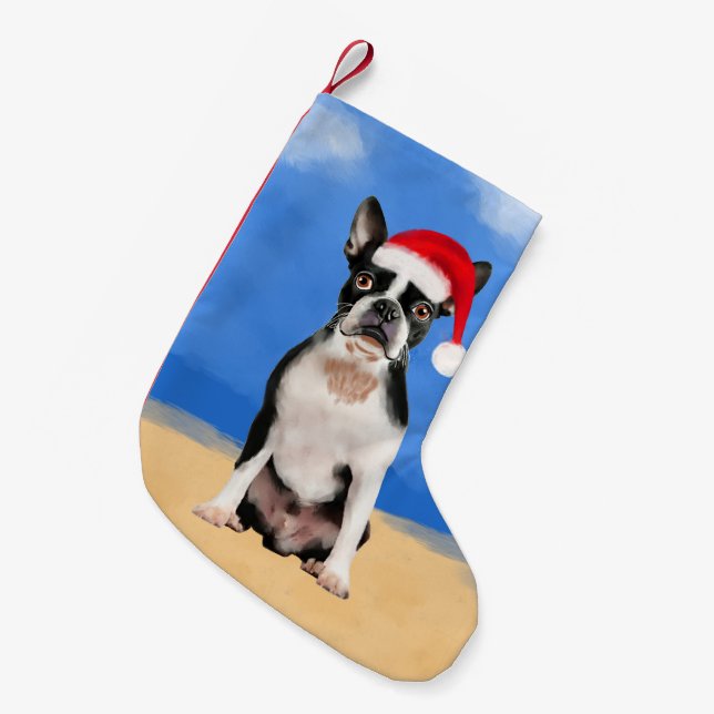 Meia De Natal Pequena Boston Terrier Dog No Chapéu De Natal Da Praia (Frente (Pendurada))