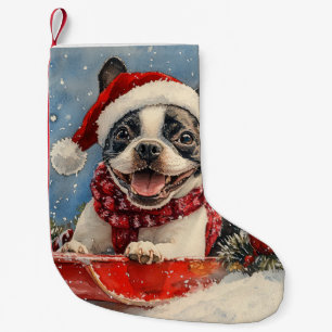Meia De Natal Pequena Boston Terrier Dog Sledge Deixe-o nevar no Natal