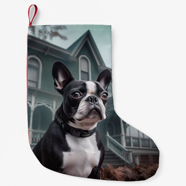 Meia De Natal Pequena Boston Terrier Halloween Scary (Frente)
