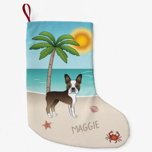 Meia De Natal Pequena Boston Terrier Listrado Em Uma Praia Tropical De V