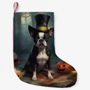 Meia De Natal Pequena Boston Terrier Pumpkins Halloween Assustado