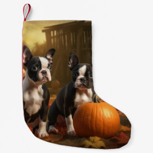 Meia De Natal Pequena Boston Terrier Puppy Autumn Delight Pumpkin