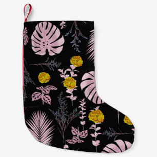 Meia De Natal Pequena Botânica escura, flores folhas padrão.
