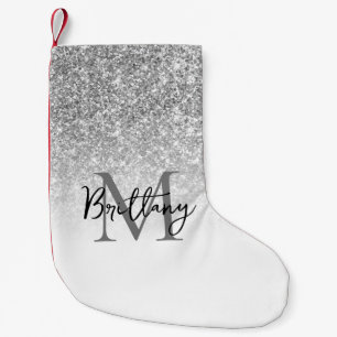 Meia De Natal Pequena Branco com Glitter Prateado Monograma