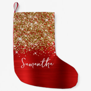 Meia De Natal Pequena Brilho Dourado Vermelho Glam Nome
