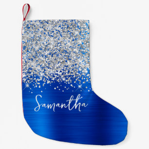 Meia De Natal Pequena Brilho Prateado Azul Real Glam Nome