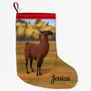 Meia De Natal Pequena Brown Llama na Pastagem da Fazenda do outono