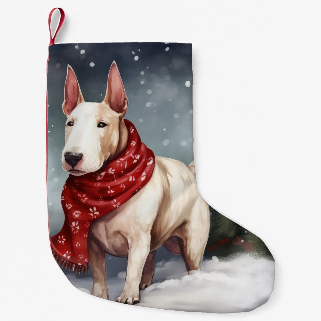 Meia De Natal Pequena Bull Terrier Dog no Natal da Neve (Frente)
