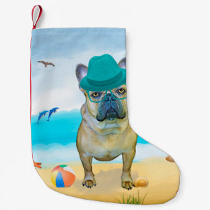 Meia De Natal Pequena Bulldog francês na praia