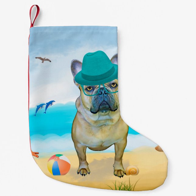 Meia De Natal Pequena Bulldog francês na praia (Frente)