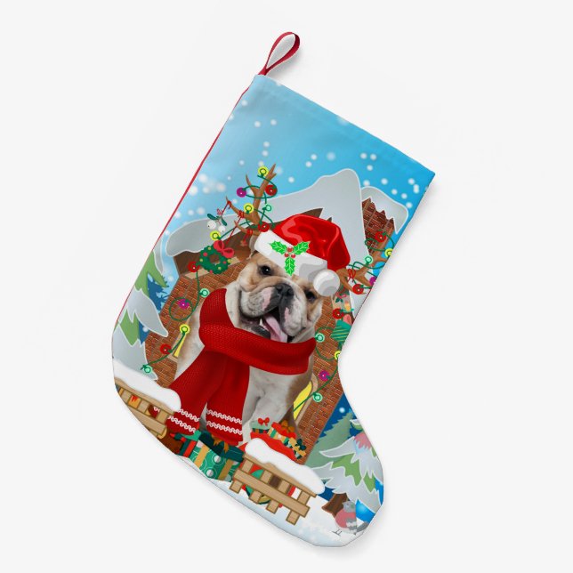 Meia De Natal Pequena Bulldog Inglês com presentes de Natal (Frente (Pendurada))
