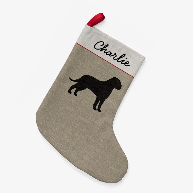 Meia De Natal Pequena Bullmastiff Dog Silhouette Faux Linen Holiday (Frente (Pendurada))