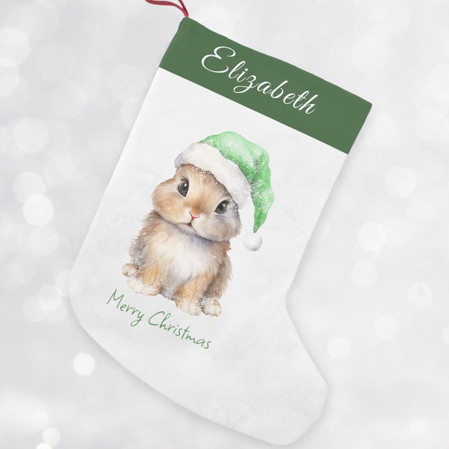 Meia De Natal Pequena Bunny in Green Santas Hat Personalizado (Criador carregado)
