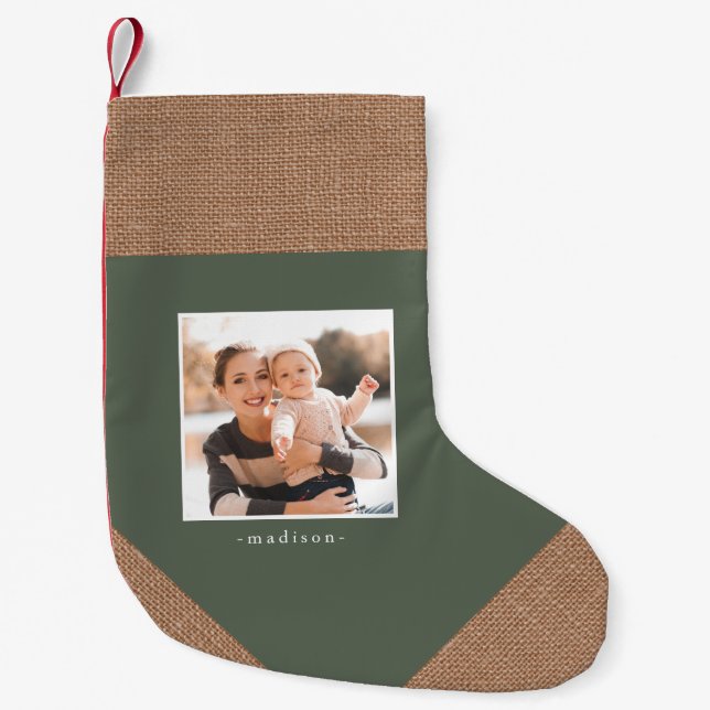 Meia De Natal Pequena Burlap Rustic Parece Uma Foto De Natal Verde (Frente)