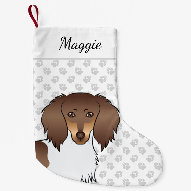 Meia De Natal Pequena Cabeça de Dachshund Piebald Chocolate e Bege Pelo  (Frente)
