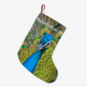 Meia De Natal Pequena Cabeça do azul de pavão com e penas de cauda
