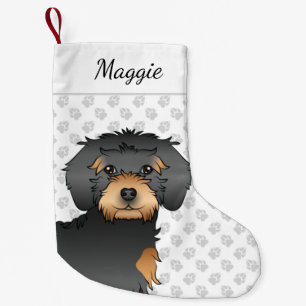 Meia De Natal Pequena Cabeça e nome do Cachorro Negro e Mini Goldendoodl
