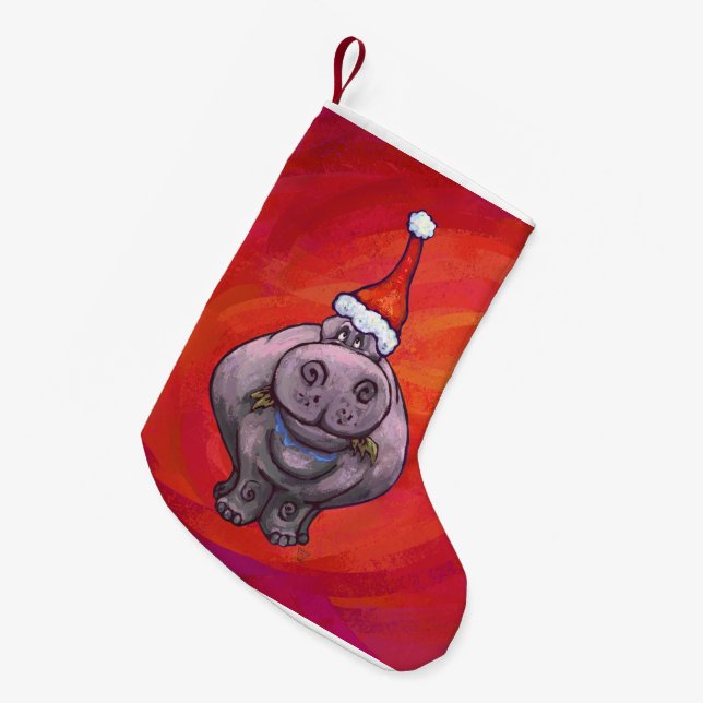 Meia De Natal Pequena Cabeças e Caudas Festivas Hippo Vermelho (Frente (Pendurada))