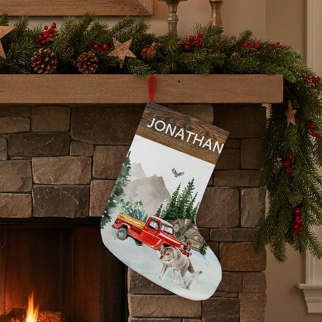 Meia De Natal Pequena Cabine de Caminhão Aquarela Rústica Florestal Lobo (Criador carregado)