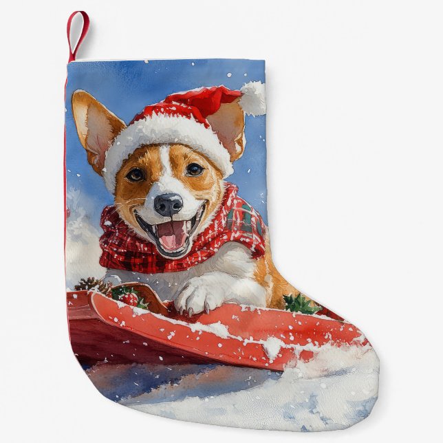 Meia De Natal Pequena Cachorro Basenji no Sledge Deixe-o nevar no Natal (Frente)
