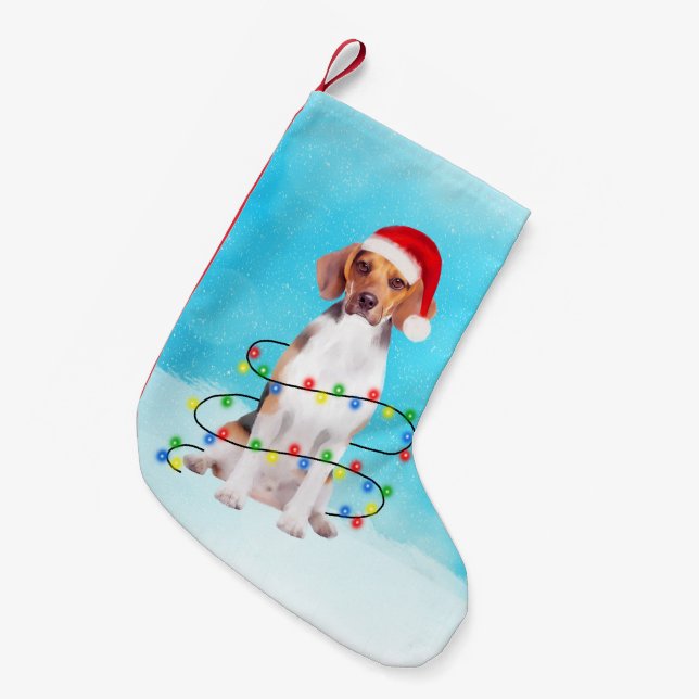 Meia De Natal Pequena Cachorro Beagle Sentado Nas Luzes De Natal Da Prai (Frente (Pendurada))